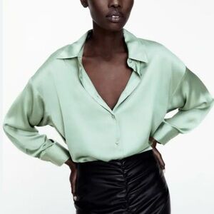 Zara Button Up Long Sleeve Satin Pastel Mint Green Top Small